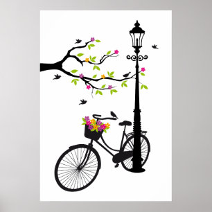 ランプ付き古い自転車,花籠,鳥,木 ポスター