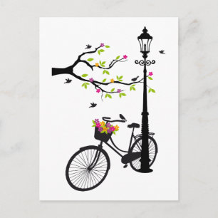 ランプ付き古い自転車,花籠,鳥,木 ポストカード