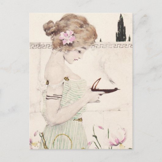 ランプ付き女の子アールヌーボーはがき ポストカード (正面)