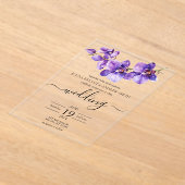 ラン紫と白のスクリプ結婚ト アクリル招待状 (レイダウン)