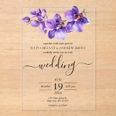 ラン紫と白のスクリプ結婚ト アクリル招待状 (正面)