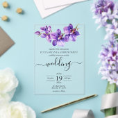 ラン紫と白のスクリプ結婚ト アクリル招待状 (インサイチュ (ウェディング))