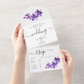 ラン紫と白のスクリプ結婚ト オールインワン招待状 (貼ってはがせる)