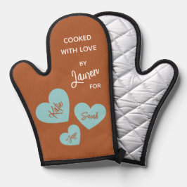 ラヴで調理されたティール(緑がかった色)ハート パーソナライズされた 鍋つかみ