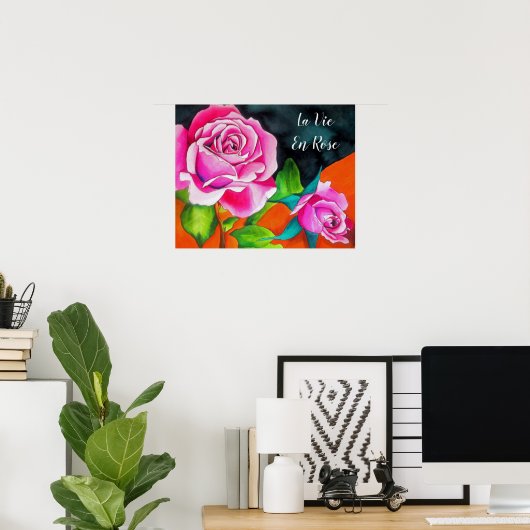 ラヴィアンバラ引用文と水彩ピンクローズ ポスター (ホームオフィス)