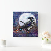 ラヴェンお洒落ムーンフローラ白黒ブルー スクエア壁時計 (ホーム)