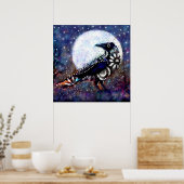 ラヴェンお洒落ムーンフローラ白黒ブルー ポスター (キッチン)