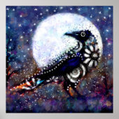 ラヴェンお洒落ムーンフローラ白黒ブルー ポスター (正面)