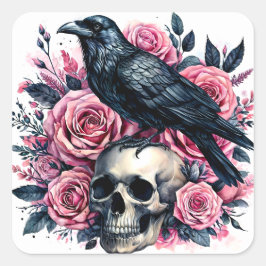ラヴェンオンスカルとピンクのバラの水色 スクエアシール