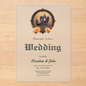 ラヴェンスとバラのゴシック様式の馬車。 アクリル招待状 (正面)