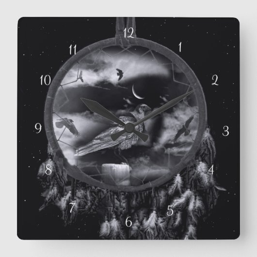 ラヴェンス・カラスのドリームキャッチャーすごいカッコいい スクエア壁時計 (正面)