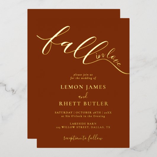 ラヴエレガント秋の書結婚道金ゴールド 箔招待状 (正面/裏面)