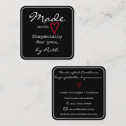 ラヴシンプルィーで作ったミニマル赤いハートブラック スクエア名刺 (正面/裏面)