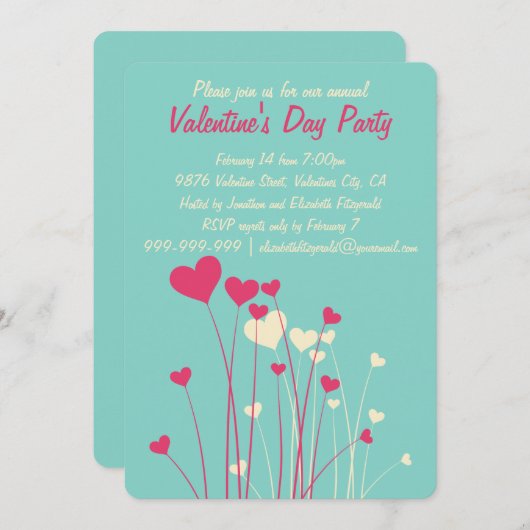 ラヴモダンハートフラワーズヴァレンティネスパーティー 招待状 (正面/裏面)