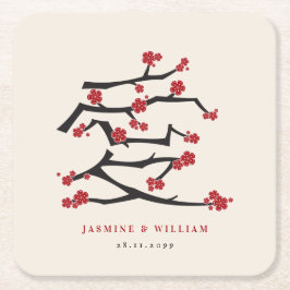 ラヴ中国のレッドさくらんぼ花婚約パーティ スクエアペーパーコースター