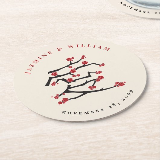 ラヴ中国のレッドさくらんぼ花婚約パーティ ラウンドペーパーコースター (アングル)