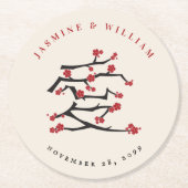 ラヴ中国のレッドさくらんぼ花婚約パーティ ラウンドペーパーコースター (正面)