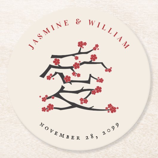 ラヴ中国のレッドさくらんぼ花婚約パーティ ラウンドペーパーコースター (正面)