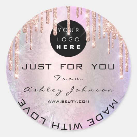 ラヴ感謝していバラピンクで作ったグリッターロゴ ラウンドシール (正面)