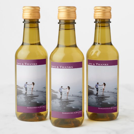 ラヴ感謝していマゼンタプラムシンプル結婚の写真ミニ ワインラベル (ボトル)