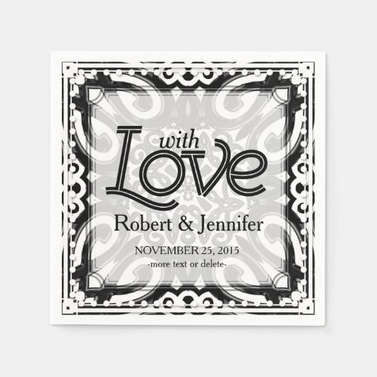 ラヴ白黒装飾紙ナプキン スタンダードカクテルナプキン (正面)