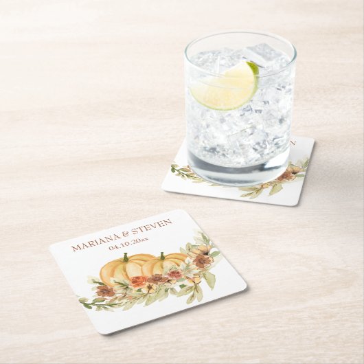 ラヴ素朴カボチャの水彩秋結婚 スクエアペーパーコースター (インサイチュ)