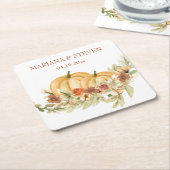 ラヴ素朴カボチャの水彩秋結婚 スクエアペーパーコースター (アングル)