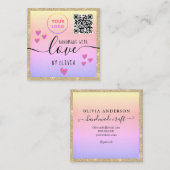 ラヴ金ゴールドグリッターピンクロゴqrコード付き手作り スクエア名刺 (正面/裏面)