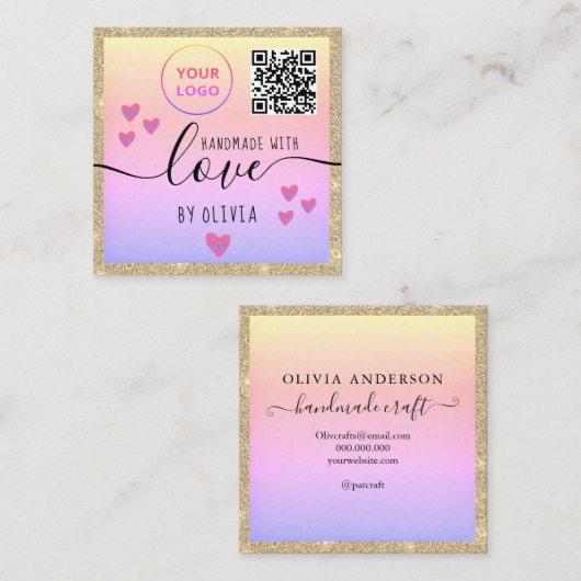 ラヴ金ゴールドグリッターピンクロゴqrコード付き手作り スクエア名刺 (正面/裏面)