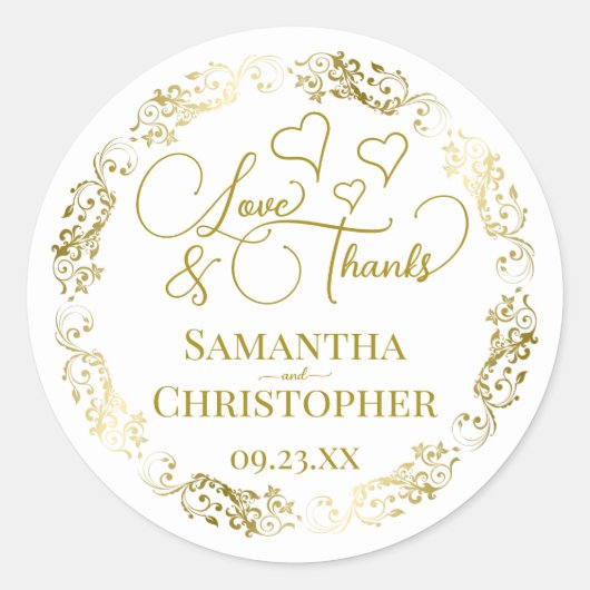 ラヴ&感謝していエレガント金ゴールド&ホワイト結婚式の引き出物 ラウンドシール (正面)