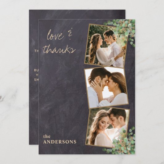 ラヴ&感謝してい3素朴写真金ゴールド結婚Greenery サンキューカード (正面/裏面)