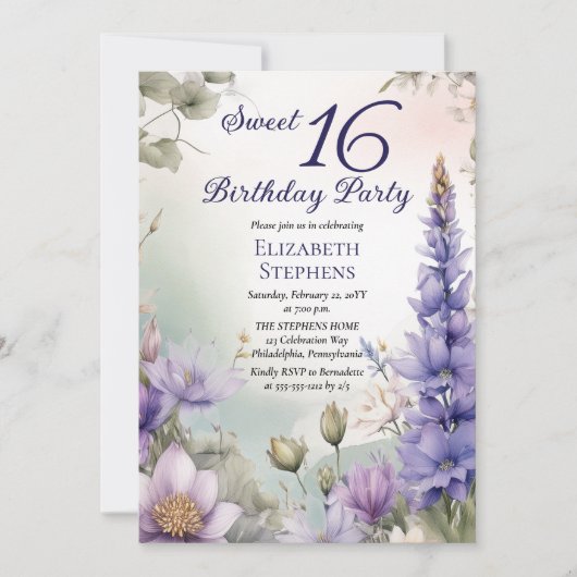 ラークスパーウォーターリリーフローラスウィート16バースデーパーティー 招待状 (正面)