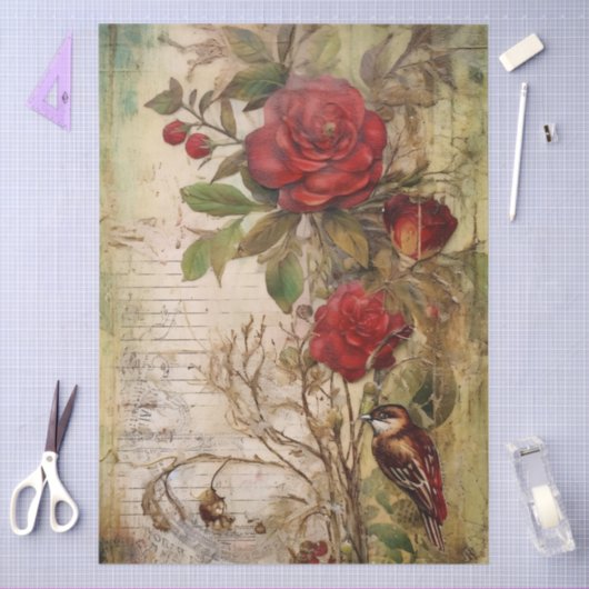 ラージインスパイアエレガントヴィンテージ赤バラ 薄葉紙 (クラフト)