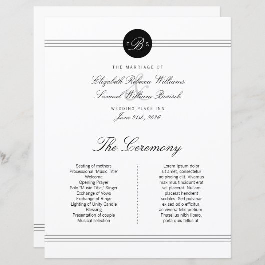 ラージエレガント白黒モノグラム結婚式 プログラム (正面/裏面)