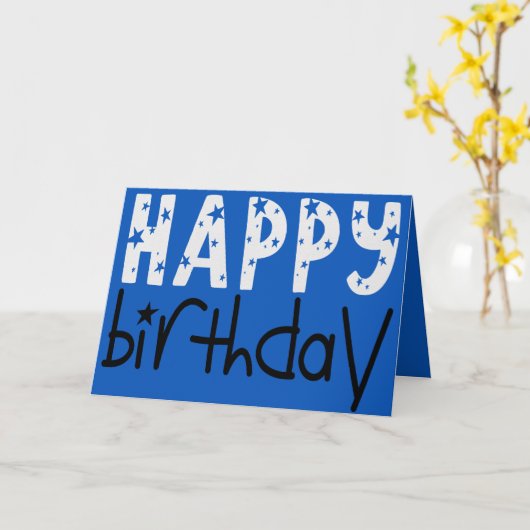 ラージクールタイポグラフィハッピーバースデースターブルー カード (黄色い花)