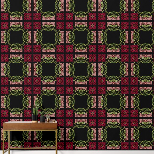 ラージゴシックアールヌーボーバラアンドダリアレッド 壁紙 (廊下)