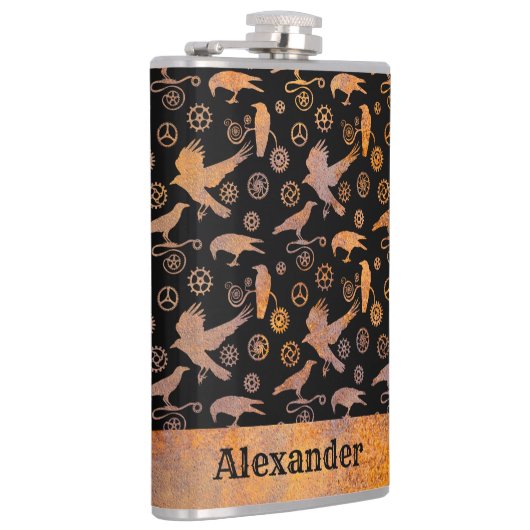 ラージスチームパンクさびたギアとカラス名前をカスタムする フラスク (右)