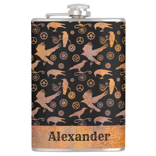 ラージスチームパンクさびたギアとカラス名前をカスタムする フラスク (正面)