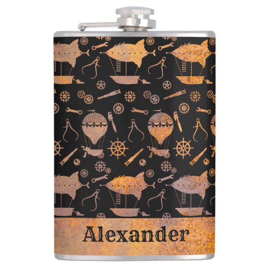 ラージスチームパンクラスティエアシップテーマ名前をカスタムする フラスク (正面)