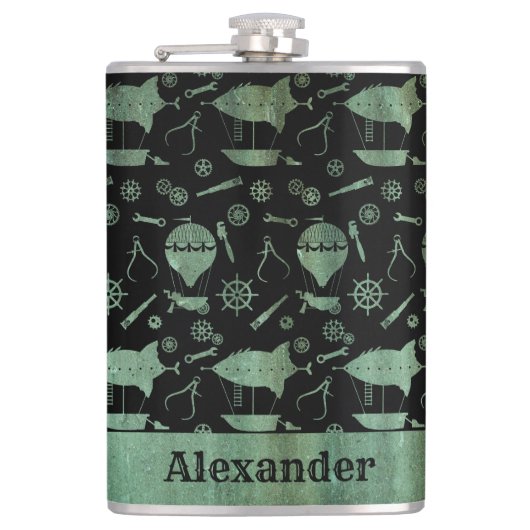 ラージスチームパンクヴェルディグリスエアシップテーマカスタム フラスク (正面)