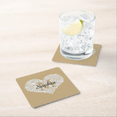 ラージダイヤモンドハート、金ゴールドモノグラム、スクリプト名 スクエアペーパーコースター (インサイチュ)