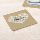 ラージダイヤモンドハート、金ゴールドモノグラム、スクリプト名 スクエアペーパーコースター (アングル)