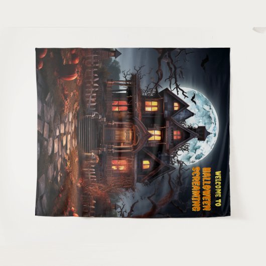 ラージハロウィン幽霊のよく出るハウスつるの背景 タペストリー (正面(横))