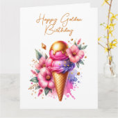 ラージピンクアイスクリームゴールデン誕生日 カード (黄色い花)