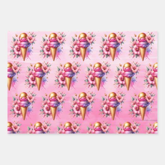 ラージピンクアイスクリームゴールデン誕生日 ラッピングペーパーシート (正面2)