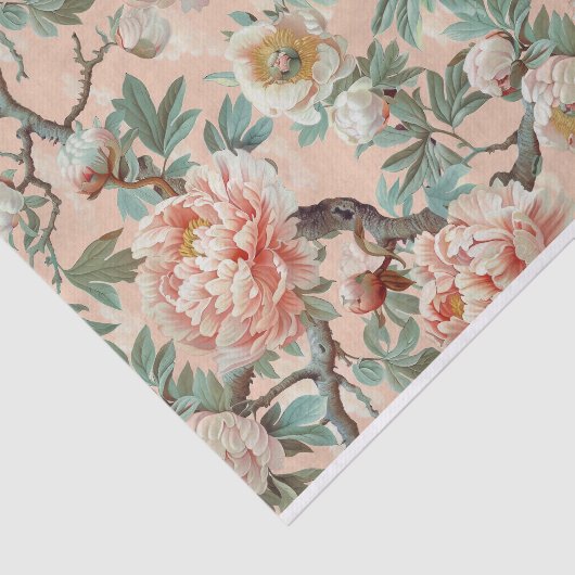 ラージピ淡い色のンクとアイボリー牡丹の枝パターン 薄葉紙 (詳細)