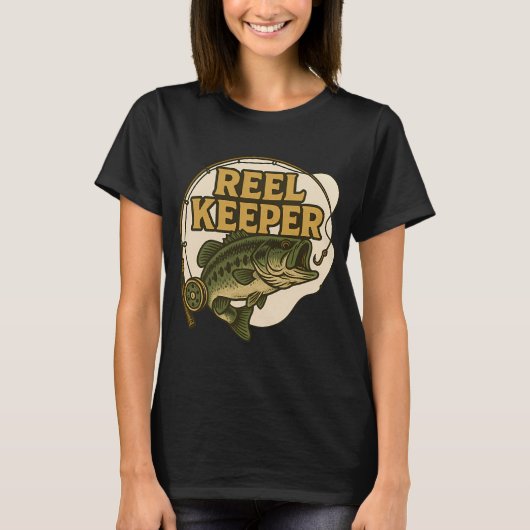 ラージマウスバス釣りデザイン リールキーパー Tシャツ (正面)