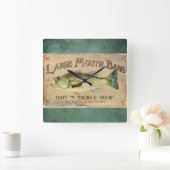 ラージマウスベース魚釣りレイクキャビンデコールブルー スクエア壁時計 (ホーム)