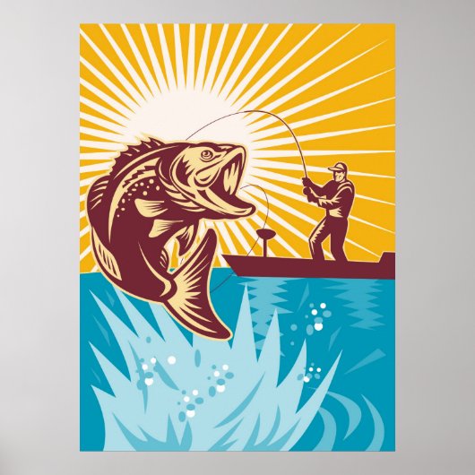 ラージムウスバスフィッシュフライフィッシャーマン魚釣り棒 ポスター (正面)