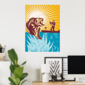 ラージムウスバスフィッシュフライフィッシャーマン魚釣り棒 ポスター (ホームオフィス)